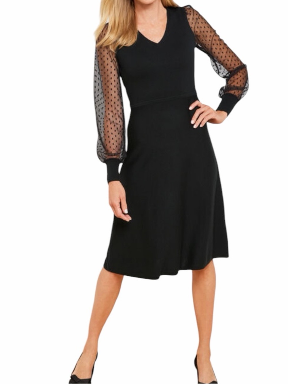 Talbots Black Sheer Sleeve Merino Wool V-Neck Sweater Dress XL
